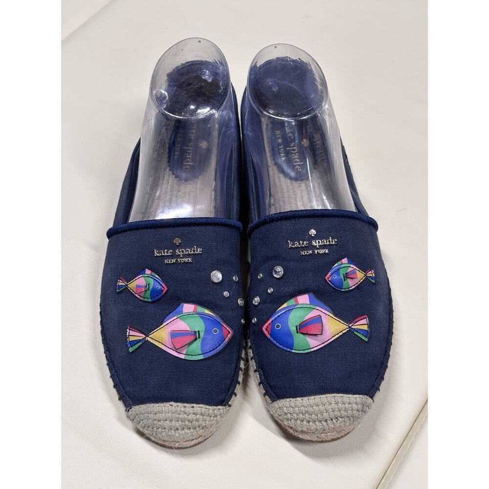 Kate Spade aqua Navy Blue Canvas Espadrilles Multicolor 3D Fish Women’s 8.5